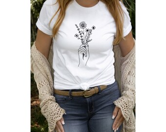 Shirt met bloemen in de hand, shirt vriendje, boho chic shirt, cool shirt, modieus T-shirt