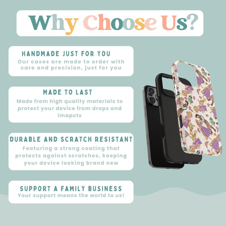 May include: Why Choose Us?  A phone case with a colorful floral design featuring a princess character.  Handmade, durable, and scratch resistant.  Made to last from high quality materials.  Support a family business.