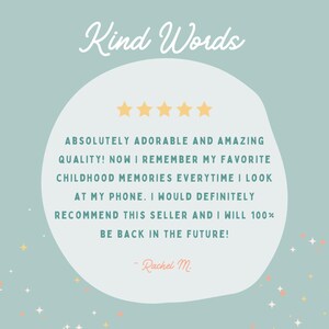 May include: A light teal background with a white oval containing text and gold stars. The text reads "Kind Words" in cursive. The text inside the oval is a customer review with five gold stars.