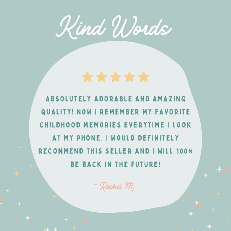 May include: A light teal background with a white oval containing text and gold stars. The text reads "Kind Words" in cursive. The text inside the oval is a customer review with five gold stars.