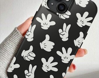 May include: A black smartphone case featuring a repeating pattern of white cartoon-style gloved hands in various gestures, including peace signs, thumbs up, and open palms, with a cutout for the rear camera lenses at the top.