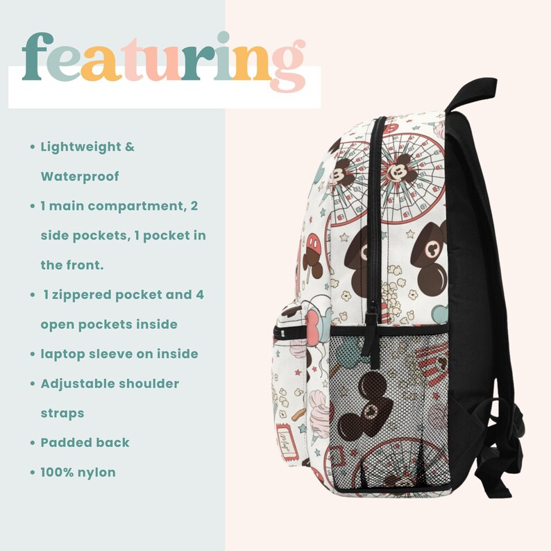 May include: A white backpack with a black zipper and black straps. The backpack has a colorful print of Mickey Mouse and other Disney characters. The backpack has a mesh pocket on the side and a zippered pocket on the front.