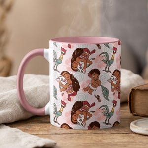 May include: A white ceramic mug with a pink handle and interior, featuring a repeating pattern of a cartoon girl with long brown hair hugging a white pig, a rooster, and a baby, interspersed with light pink hibiscus flowers and blue swirls.