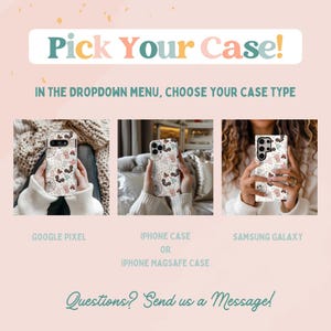 May include: Three phone cases with a repeating pattern of popcorn, Ferris wheels, and mouse ears. The text reads Pick Your Case! In the dropdown menu, choose your case type. Options include Google Pixel, iPhone case or iPhone MagSafe case, and Samsung Galaxy. Questions? Send us a Message!