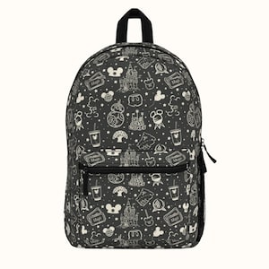 May include: Black backpack with a white all-over print of Disney park icons, including Mickey Mouse, Cinderella's Castle, and the words "Magic" and "Disney World".
