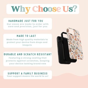 May include: Image shows three phone cases: two black and one patterned with a white background. Text reads "Why Choose Us?" and highlights handmade, durable, and family business.