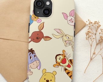 May include: A white phone case with a cream background and colorful cartoon characters from Winnie the Pooh. The characters include Winnie the Pooh, Tigger, Piglet, Eeyore, and Rabbit. The case has a camera cutout and a cream-colored border.