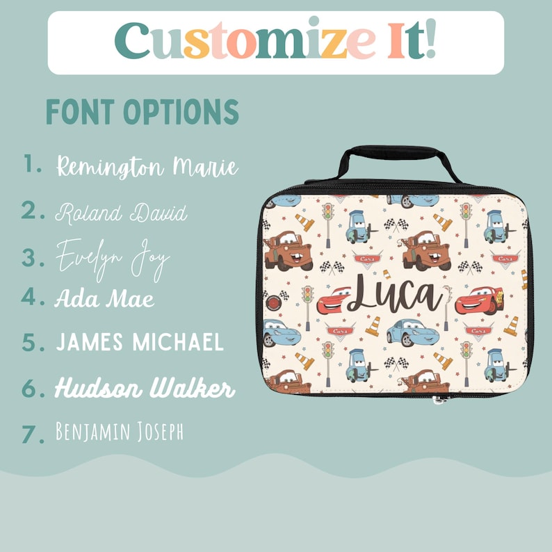 May include: A black lunch bag with a Cars-themed design featuring red and blue cars, traffic lights, and cones. The bag has a zipper closure and a handle. The name "Luca" is printed on the front of the bag.