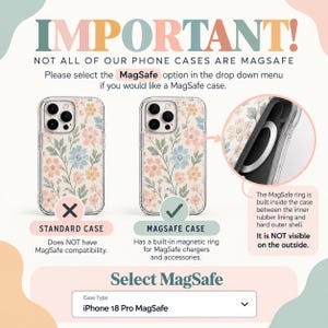 May include: An informational graphic about phone case compatibility featuring two floral cases. Text reads IMPORTANT! NOT ALL OF OUR PHONE CASES ARE MAGSAFE. It shows a standard case with an X and a MagSafe case with a checkmark, plus a detail view of the internal magnetic ring.