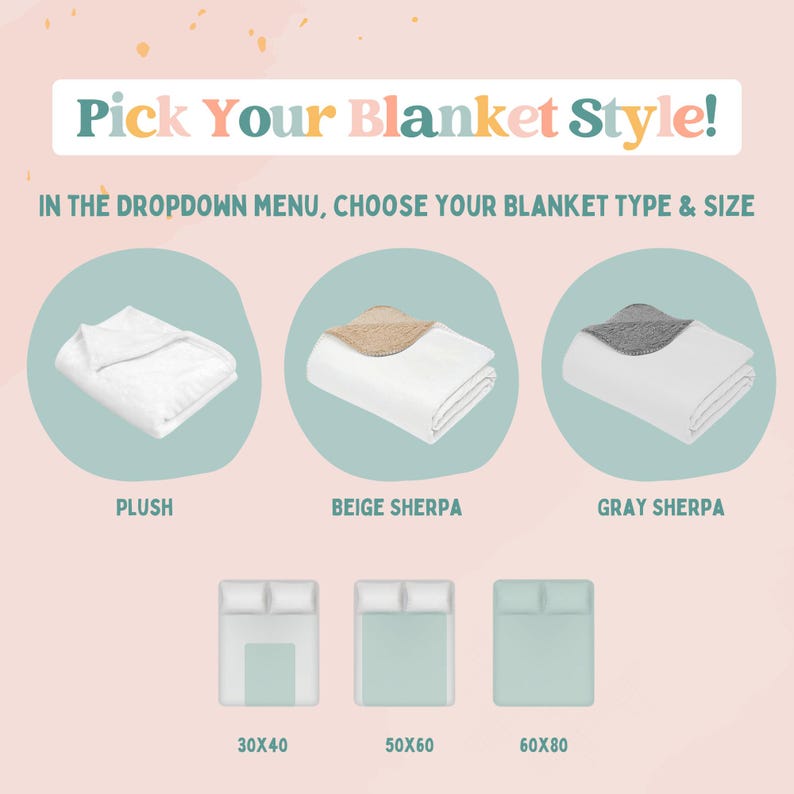 Peut inclure: Trois styles de couvertures diff&eacute;rents sont pr&eacute;sent&eacute;s&nbsp;: en peluche, en sherpa beige et en sherpa gris. Chaque couverture est pr&eacute;sent&eacute;e pli&eacute;e et il existe trois tailles diff&eacute;rentes&nbsp;: 30 x 40 pouces, 50 x 60 pouces et 60 x 80 pouces.