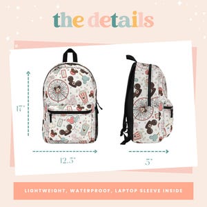May include: A white backpack with a black zipper and straps. The backpack has a cartoon print of Mickey Mouse and other Disney characters. The backpack is 17 inches tall, 12.5 inches wide, and 5 inches deep. It is lightweight, waterproof, and has a laptop sleeve inside.