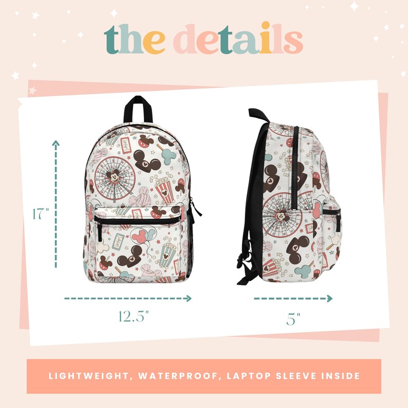 May include: A white backpack with a black zipper and straps. The backpack has a cartoon print of Mickey Mouse and other Disney characters. The backpack is 17 inches tall, 12.5 inches wide, and 5 inches deep. It is lightweight, waterproof, and has a laptop sleeve inside.