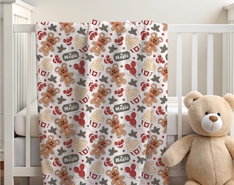 Mickey Gingerbread Man Sherpa Blanket, Disney Christmas Blanket, Customizable Toddler Baby Blanket Gift, Holiday Decor, Disney Home Decor