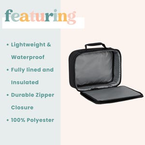 May include: Black insulated lunch bag with a zipper closure. The bag is open and the inside is lined with gray fabric. The bag is made of 100% polyester and is lightweight and waterproof.