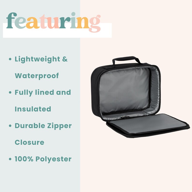 May include: Black insulated lunch bag with a zipper closure. The bag is open and the inside is lined with gray fabric. The bag is made of 100% polyester and is lightweight and waterproof.