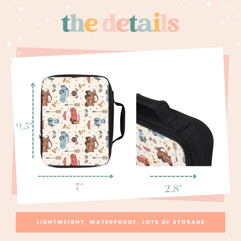 May include: A black travel bag with a white background and a colorful pattern of cartoon cars, cones, and checkered flags. The bag measures 9.5 inches tall and 7 inches wide. The handle is 2.8 inches wide.