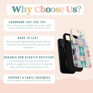 Puede incluir: Una funda para tel&eacute;fono con un dise&ntilde;o geom&eacute;trico colorido que presenta un castillo. La funda est&aacute; hecha de materiales de alta calidad y es duradera y resistente a los ara&ntilde;azos. El texto "Why Choose Us?" est&aacute; en la parte superior de la imagen. El texto "Handmade Just For You" est&aacute; en la esquina superior izquierda. El texto "Made To Last" est&aacute; en la esquina media izquierda. El texto "Durable and Scratch Resistant" est&aacute; en la esquina inferior izquierda. El texto "Support A Family Business" est&aacute; en la esquina inferior izquierda.