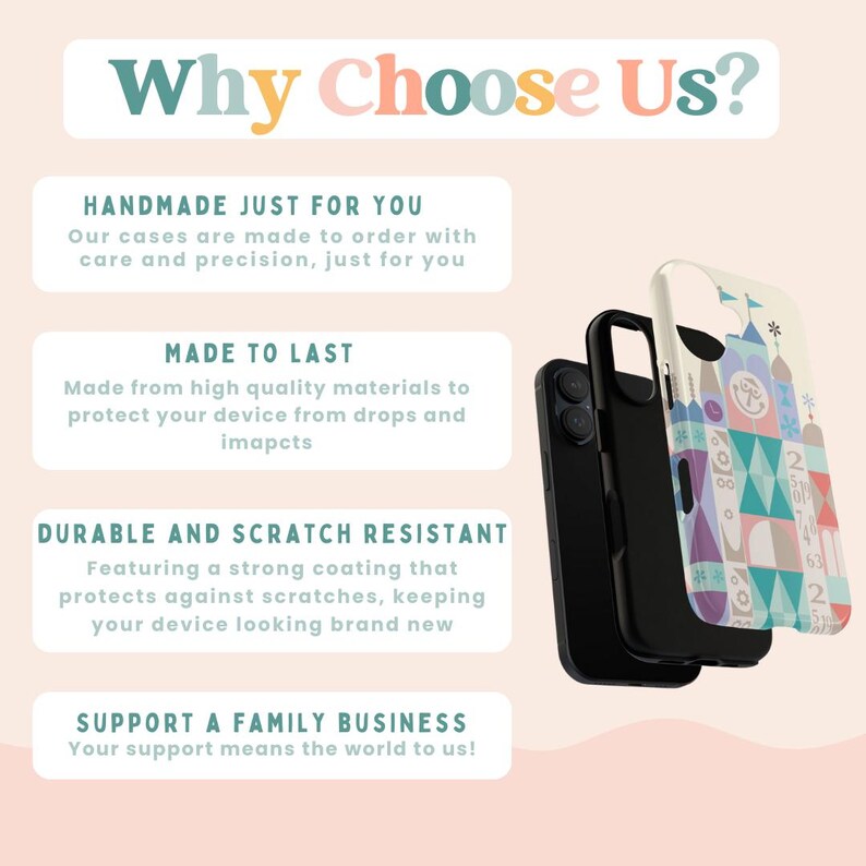Puede incluir: Una funda para tel&eacute;fono con un dise&ntilde;o geom&eacute;trico colorido que presenta un castillo. La funda est&aacute; hecha de materiales de alta calidad y es duradera y resistente a los ara&ntilde;azos. El texto "Why Choose Us?" est&aacute; en la parte superior de la imagen. El texto "Handmade Just For You" est&aacute; en la esquina superior izquierda. El texto "Made To Last" est&aacute; en la esquina media izquierda. El texto "Durable and Scratch Resistant" est&aacute; en la esquina inferior izquierda. El texto "Support A Family Business" est&aacute; en la esquina inferior izquierda.