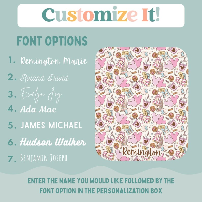 Peut inclure: Un motif personnalisable pour une couverture personnalis&eacute;e avec un motif rose et blanc avec des oreilles de Mickey Mouse, du pop-corn, des cornets de glace et d'autres images sur le th&egrave;me de Disney. Le texte "Remington" est affich&eacute; en rose sur la couverture. Le texte "Customize It!" est affich&eacute; en rose et orange en haut de l'image. Une liste d'options de police est affich&eacute;e sur le c&ocirc;t&eacute; gauche de l'image.