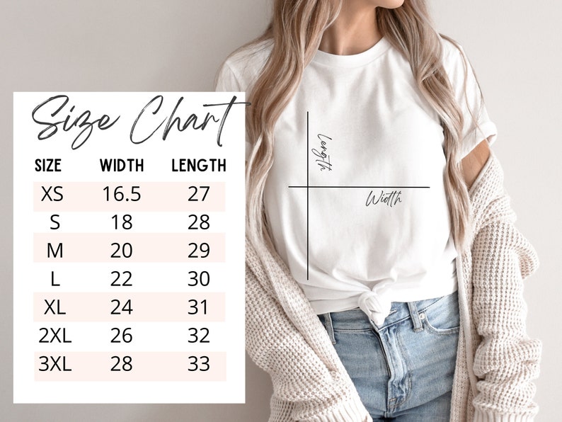 May include: Size chart for a t-shirt with measurements in inches for width and length. Sizes include XS, S, M, L, XL, 2XL, and 3XL.