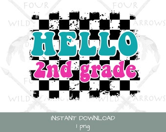 Hello 2nd grade Png, First day of 2nd grade, 2nd grade Teacher T Shirt Download, Retro Checkered Back To School Png