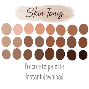 May include: A digital palette of 30 skin tone colors for use in Procreate, a digital art app. The palette is labeled "Skin Tones" and "Procreate palette Instant download".
