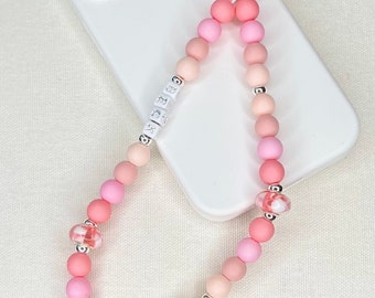 Stylish Pink, Peach, Silver Personalised Beaded Charm Wristlet, Iphone Strap, Ipad, Personalise With a name.