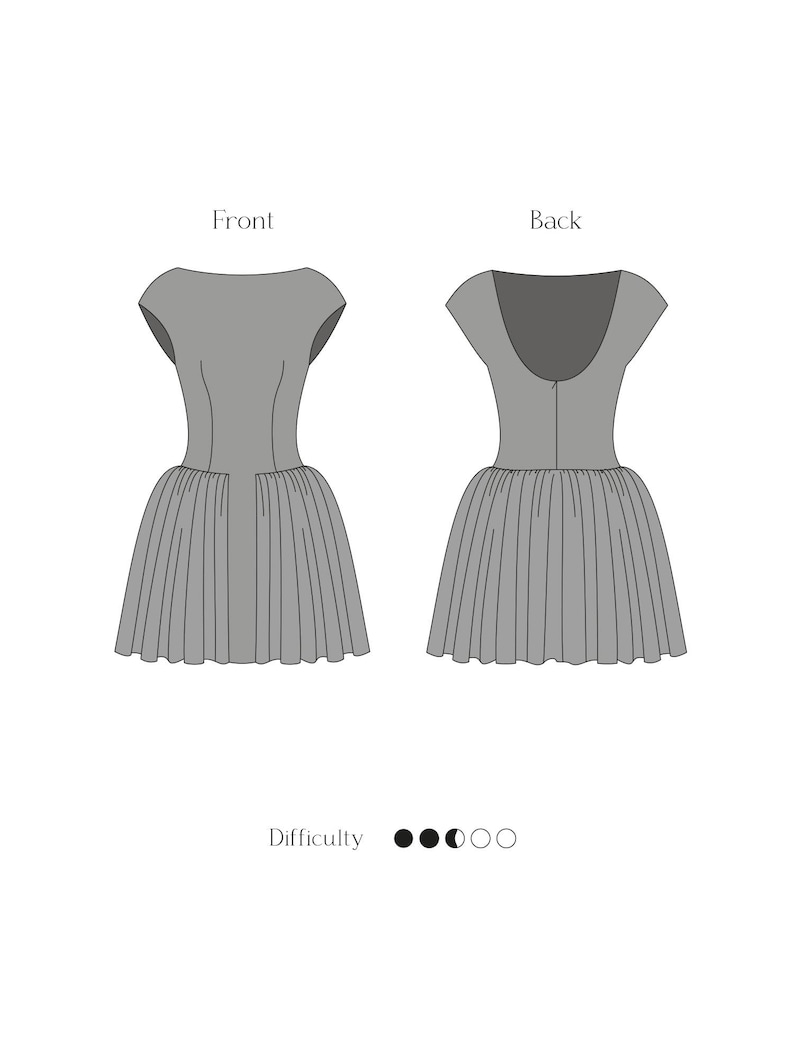 Puede incluir: Un dise&ntilde;o de vestido gris, mostrado desde la vista frontal y posterior. El vestido presenta un corpi&ntilde;o ajustado, mangas cortas y una falda plisada. La palabra "Dificultad" est&aacute; debajo del vestido, con tres c&iacute;rculos rellenos y dos c&iacute;rculos vac&iacute;os.
