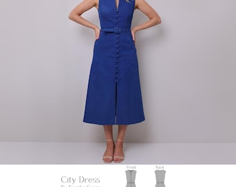 Patrón de costura de vestido - Vestido midi sin mangas con escote en V y bolsillos / Patrón de vestido de verano en PDF para ropa de trabajo o fiesta en el jardín