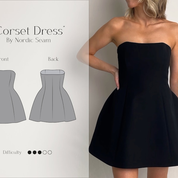 Hourglass Shape Corset Dress Sewing Pattern | Elegant mini dress | Wedding & Party Dress Tutorial | Digital Pattern EU 32-46, US 02-16