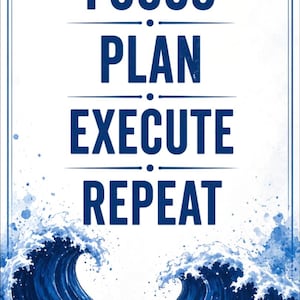 Focus • Plan • Execute • Repeat | Motivational Printable Wall Art | Blue Productivity Poster | Office Decor Digital Download