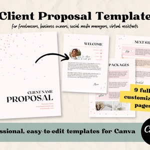 May include: A pink and white client proposal template for Canva with the text "Client Name Proposal" and "9 fully customizable pages".
