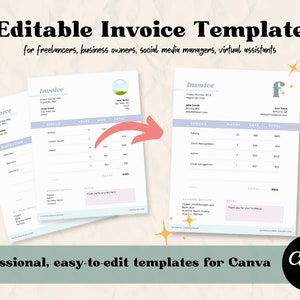 May include: Editable invoice templates for freelancers, business owners, and virtual assistants. The templates are in a light blue and white color scheme. The image includes the text "Invoice" and "made in Canva".