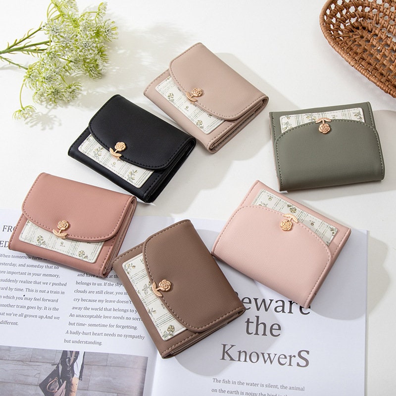 Women Girls Wallet Cute Flower Tri-fold Wallet Pu Leather Purse Slim Short Wallet  Small Trifold Cash Card Holder Bag (black)
