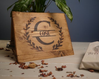 Personalized Wooden Bookrest: Rustic Monogrammed Phone & Glasses Holder