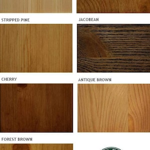 May include: A wood stain color chart with six different wood stain colors: Light, Rugger Brown, Stripped Pine, Jacobean, Cherry, Antique Brown, and Forest Brown. The chart also includes the FIDDES logo, which says "For Over Four Generations".