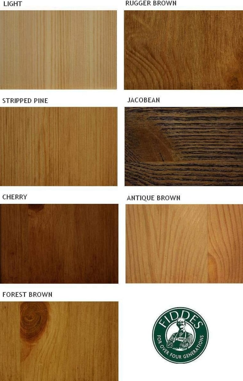 May include: A wood stain color chart with six different wood stain colors: Light, Rugger Brown, Stripped Pine, Jacobean, Cherry, Antique Brown, and Forest Brown. The chart also includes the FIDDES logo, which says "For Over Four Generations".