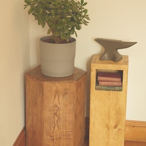 May include: Two wooden plant stands, one octagonal and one rectangular, with a potted jade plant on the octagonal stand and an anvil on the rectangular stand. The stands are both made of natural wood with a light brown finish.