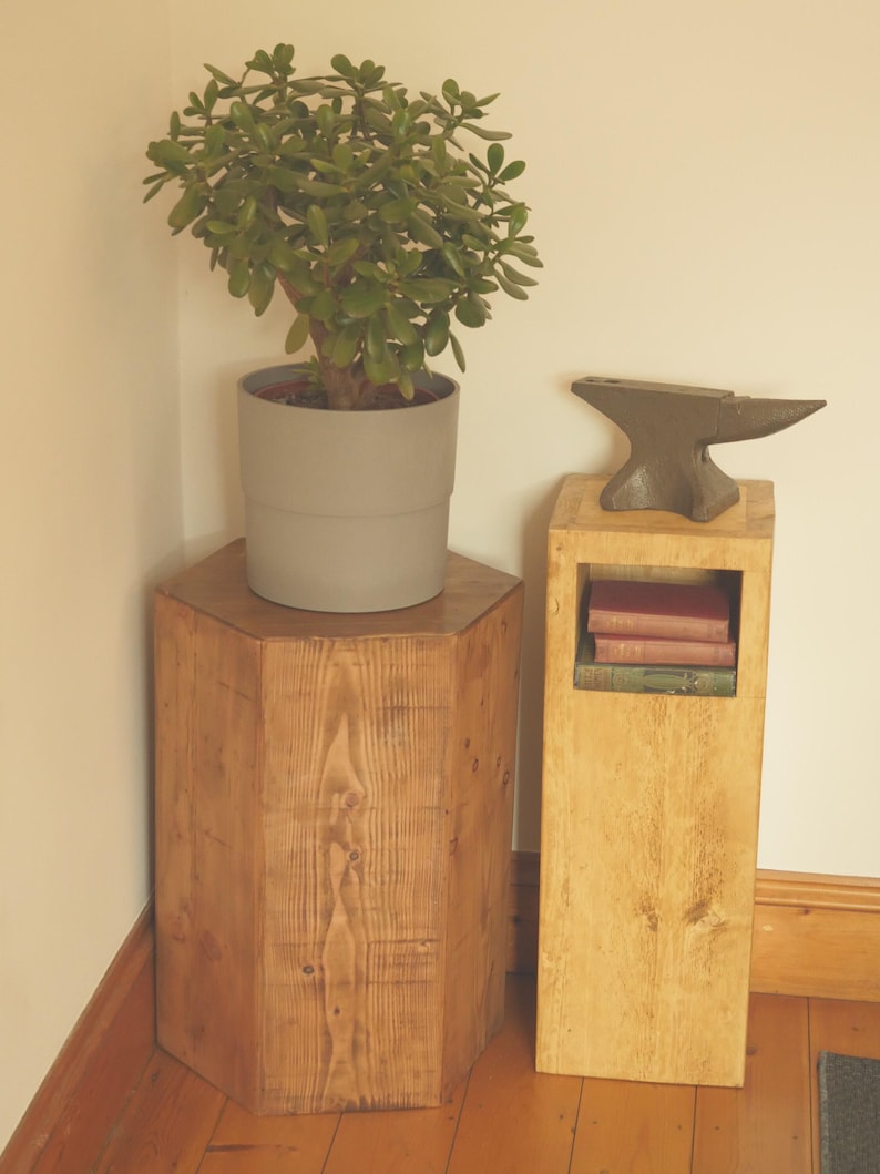 May include: Two wooden plant stands, one octagonal and one rectangular, with a potted jade plant on the octagonal stand and an anvil on the rectangular stand. The stands are both made of natural wood with a light brown finish.