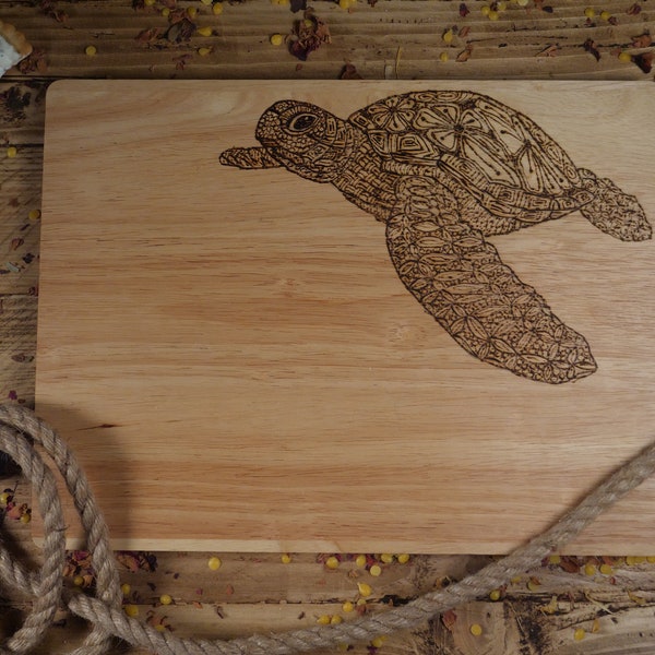 Turtle Charcuterie board - Hand Pyrographed Chopping board - Chees Board  burnt nautical design sharing plater