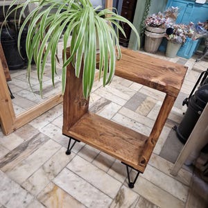 May include: A rustic wooden side table with a single shelf and hairpin legs. The table is stained a dark brown colour and has a natural wood grain. A green plant with white stripes is sitting on the table.