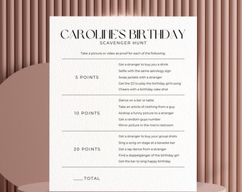 Birthday Party Scavenger Hunt Drinking Game | Minimal Modern | Editable & Printable Birthday Celebration Game | Canva Template Download