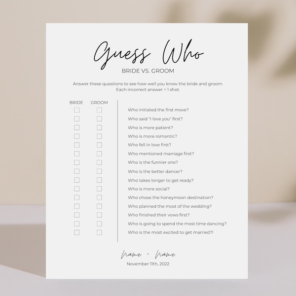 Guess Who? Bride vs. Groom Shoe Game | Minimal | Editable & Printable Bachelorette Wedding Party Drinking Game | Canva Template Download