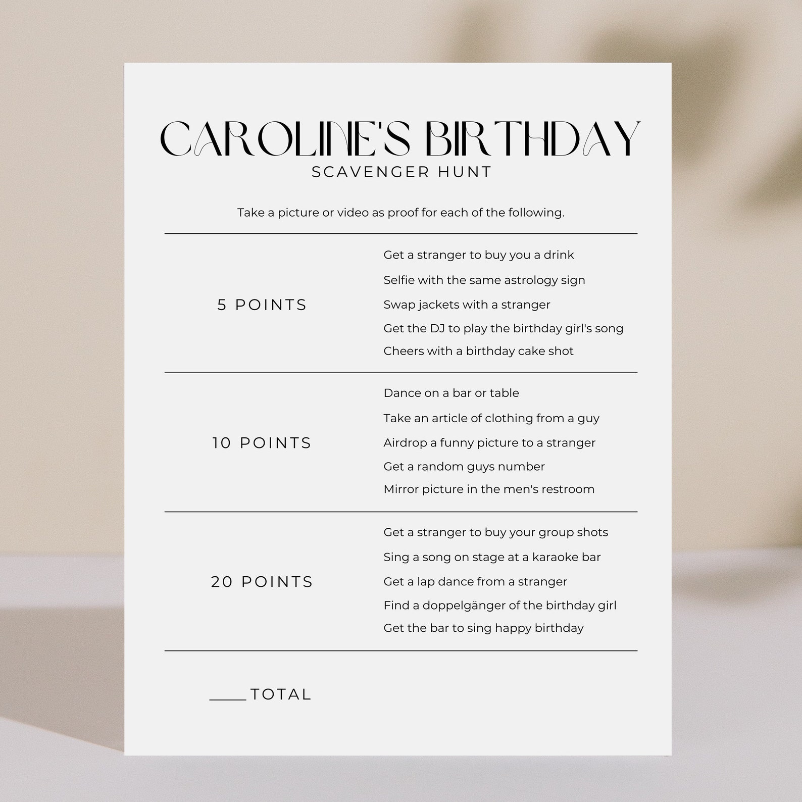 Birthday Party Scavenger Hunt Drinking Game | Minimal Modern | Editable ...
