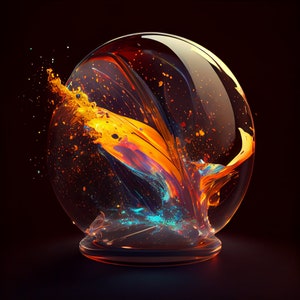 Op de afbeelding: Een glazen bol gevuld met draaiende oranje, blauwe en paarse verf. De verf is gespat op de binnenkant van de bol, waardoor een dynamisch en abstract ontwerp ontstaat.