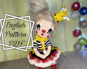 FIRFIR , Clown Ruffle doll, amigurumi , organic toy, crochet dolls ,clown doll, knitting clown recipe