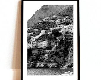 Amalfikust: zwart-witte Italiaanse muurkunst (digitale download)