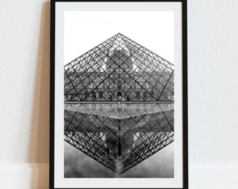 Black and White Louvre Pyramid Wall Art, Paris Wall Art, Paris Architecture Photography, Paris Travel Poster, Instant Download