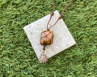 Handmade Tigers Eye Sun Charm Macrame Necklace, Tigers Eye Macrame Necklace, Crystal Necklace w Sun Cham, Adjustable Tigers Eye Necklace