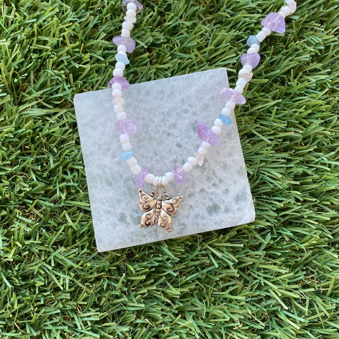 Handmade Crystal Seed Bead Butterfly Necklace Butterfly Charm Etsy